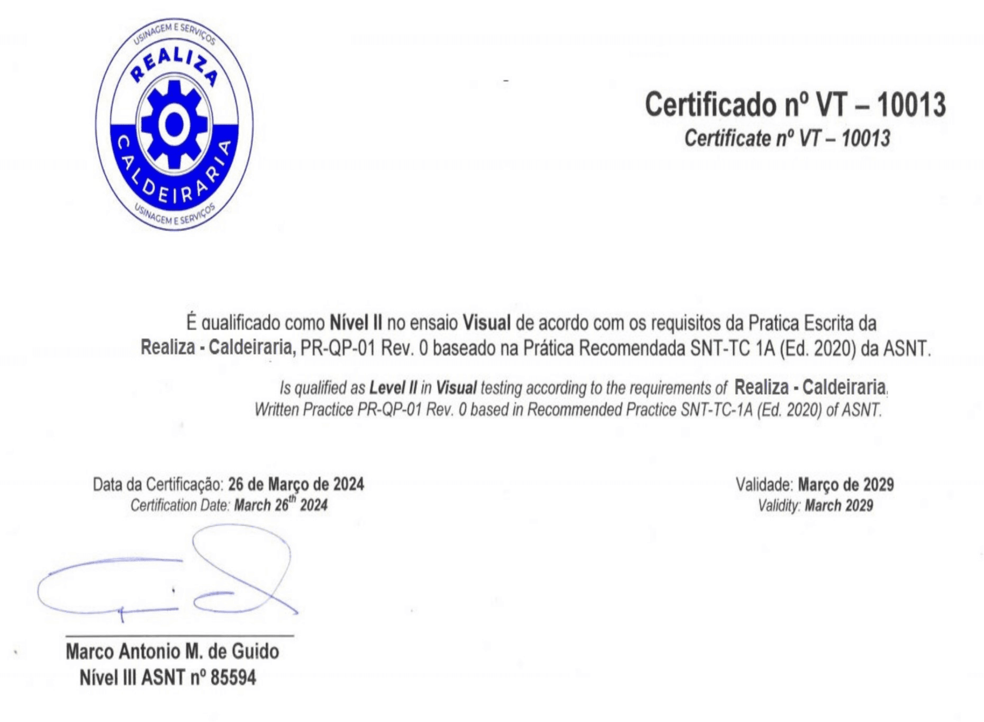 Certificado
 de Qualificação
 Inspetor Nível II