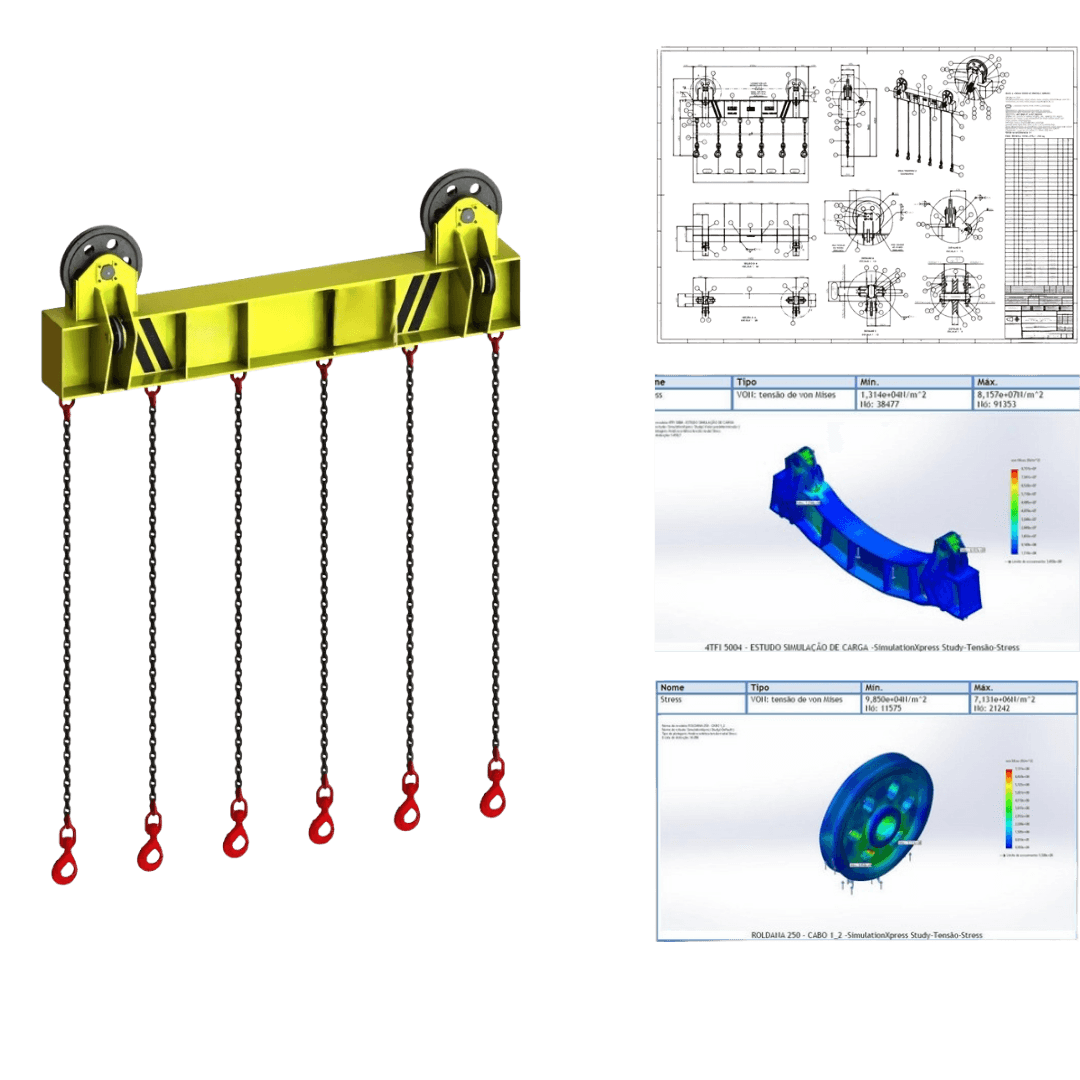Projeto estrutural
 com capacidade de 45t
 e validação por simulação
 de carga FEA