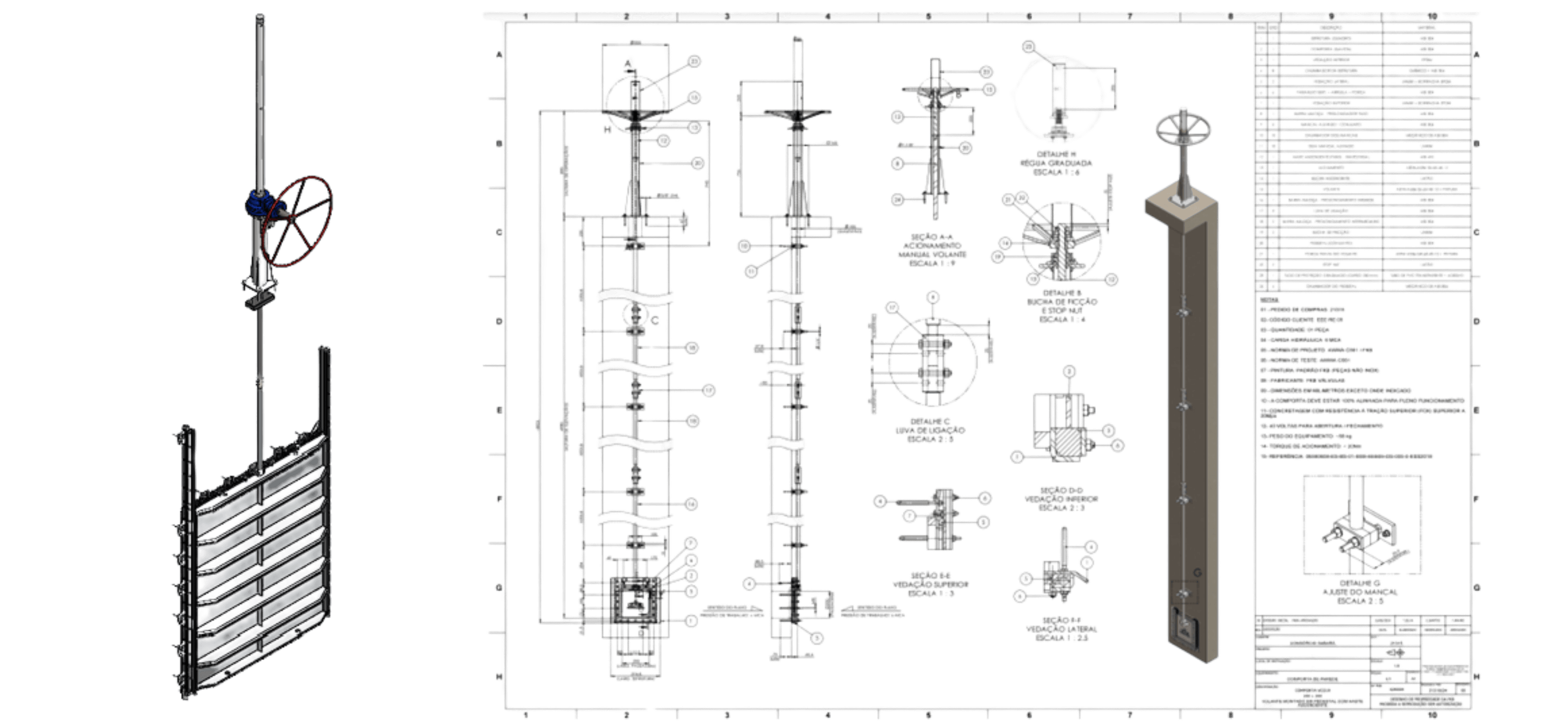 Render 3D e prancha
 técnica 2D completa
com seções, cotas
 e detalhes de vedação