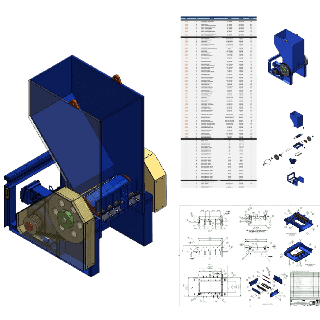 Modelagem completa
 em SolidWorks
 com detalhamento de conjuntos
 e lista de materiais